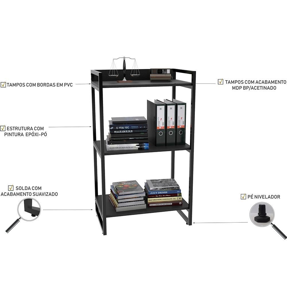 Kit Mesa Para Escritório com Estante Office Estilo Industrial Form C01 90 cm Preto Onix - Lyam Decor