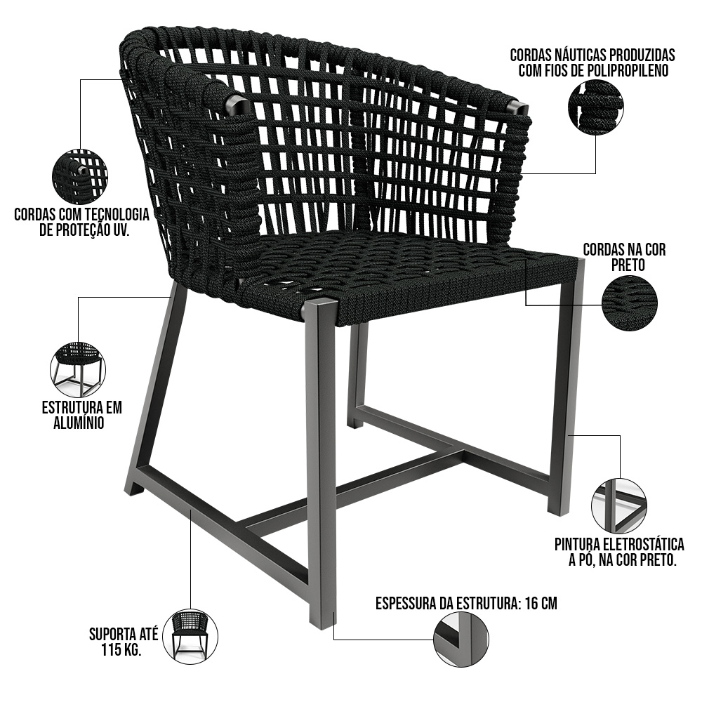 Kit Mesa Wine Com 4 Cadeira Área Externa Espaço Gourmet Corda Náutica Belize D04 Preto - Lyam Decor