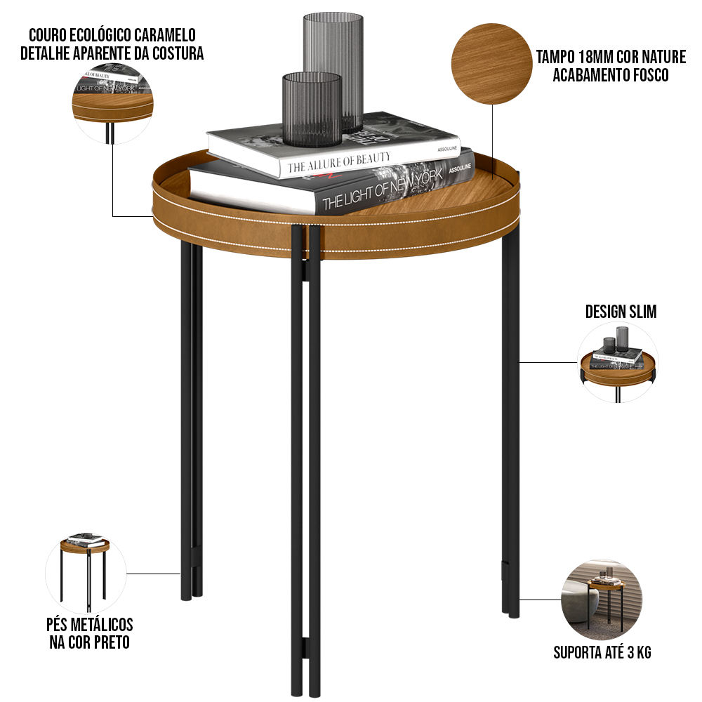 Kit Mesa de Centro Para Sala de Estar Com Mesa de Canto Caramelo Nord L05 Nature Preto - Lyam Decor