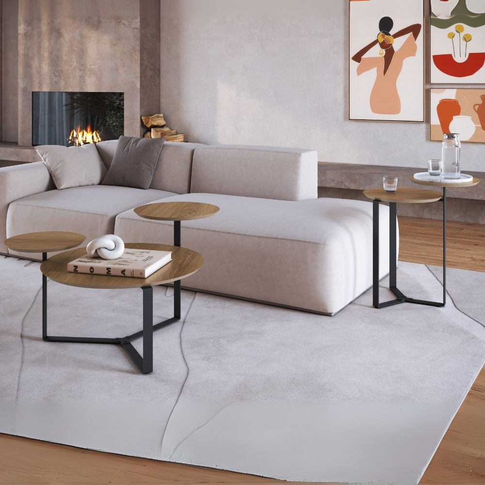 Kit Mesa de Centro e Mesa Lateral Para Sala Pés Metálicos Dari A03 Hanover Preto - Lyam Decor
