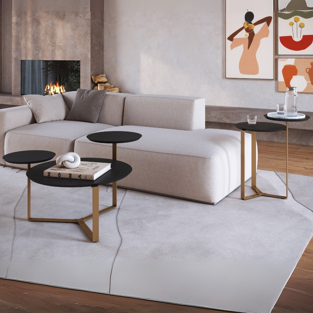Kit Mesa de Centro e Mesa Lateral Para Sala Pés Metálicos Dari A03 Nero Dourado - Lyam Decor
