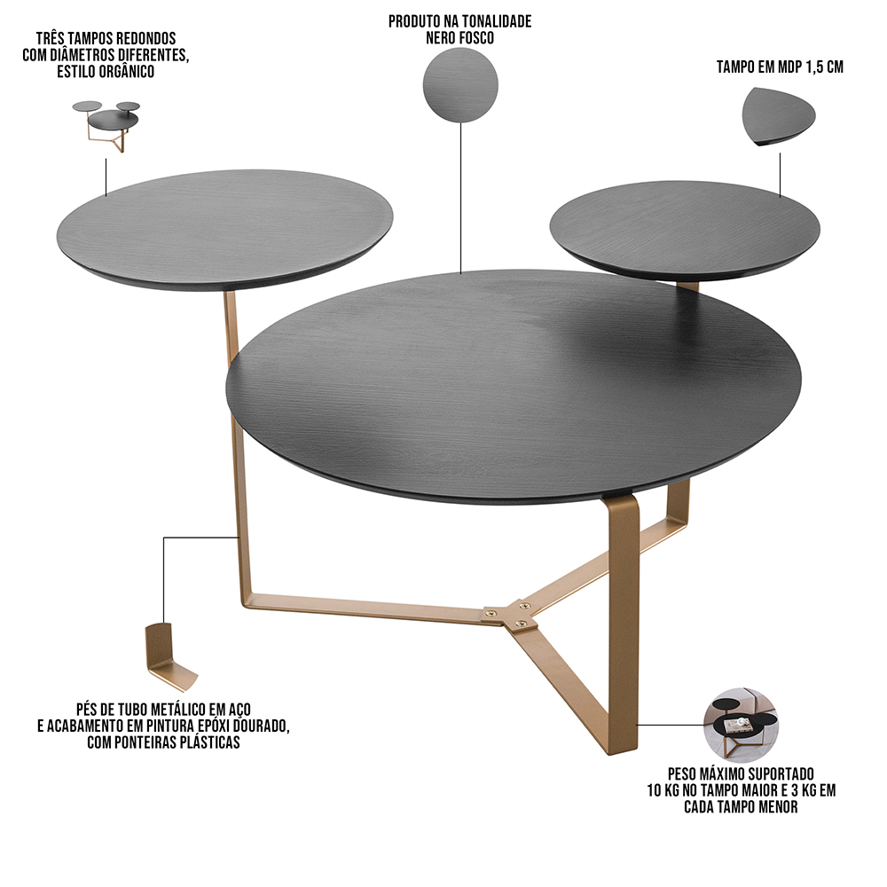 Kit Mesa de Centro e Mesa Lateral Para Sala Pés Metálicos Dari A03 Nero Dourado - Lyam Decor