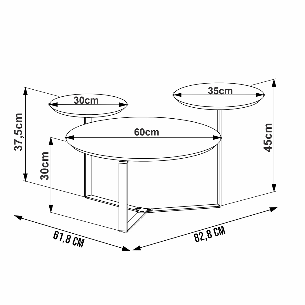 Kit Mesa de Centro e Mesa Lateral Para Sala Pés Metálicos Dari A03 Nero Dourado - Lyam Decor
