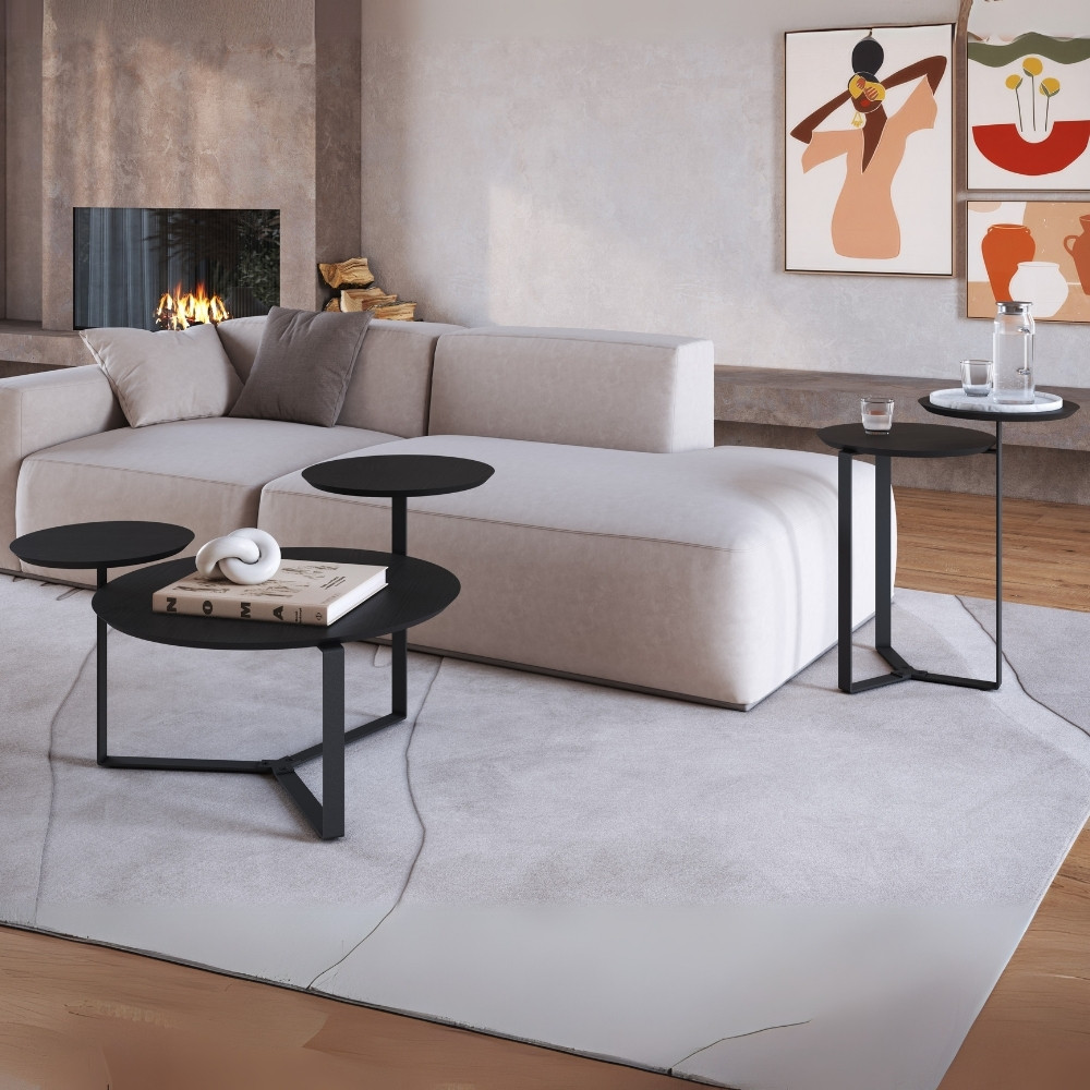 Kit Mesa de Centro e Mesa Lateral Para Sala Pés Metálicos Dari A03 Nero Preto - Lyam Decor