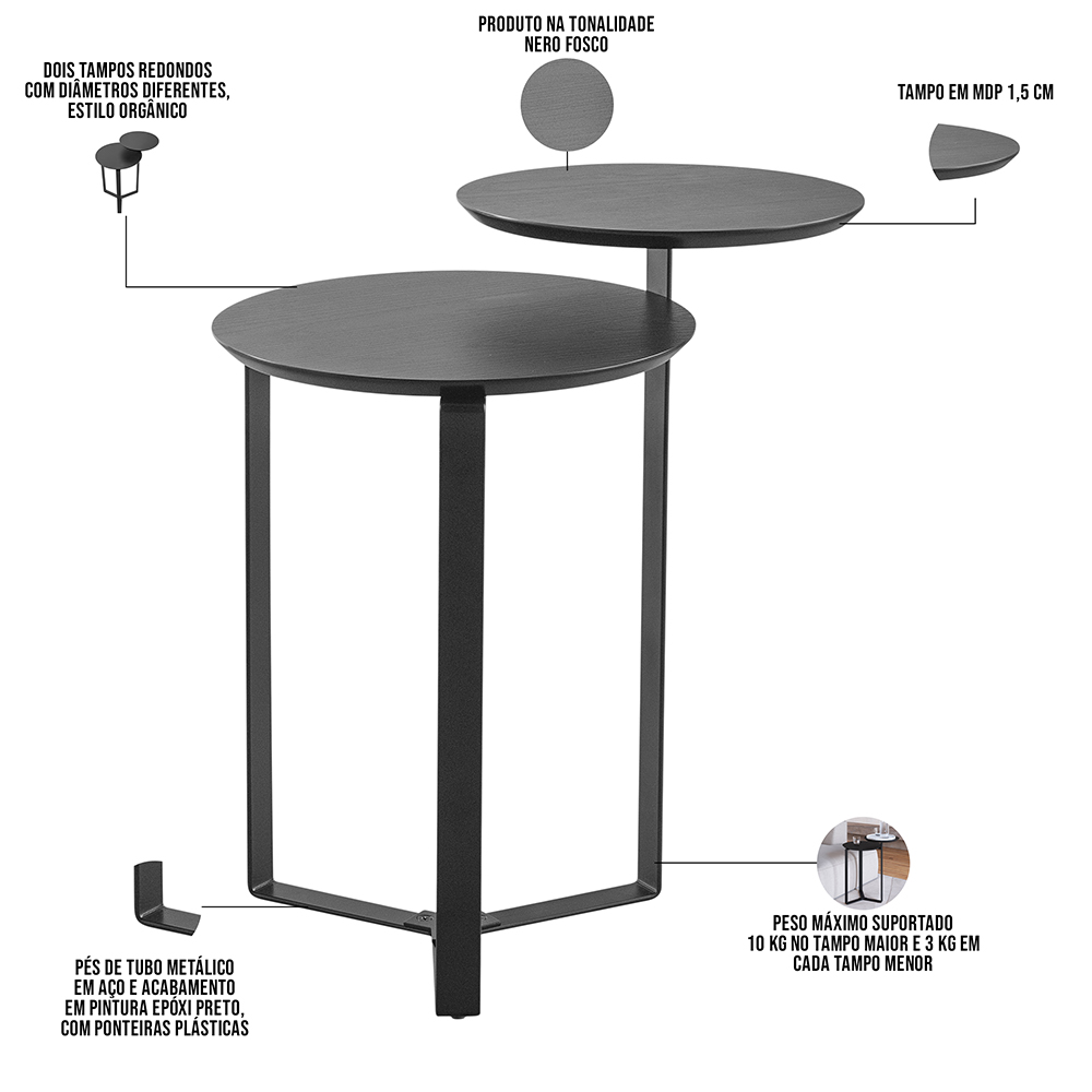 Kit Mesa de Centro e Mesa Lateral Para Sala Pés Metálicos Dari A03 Nero Preto - Lyam Decor