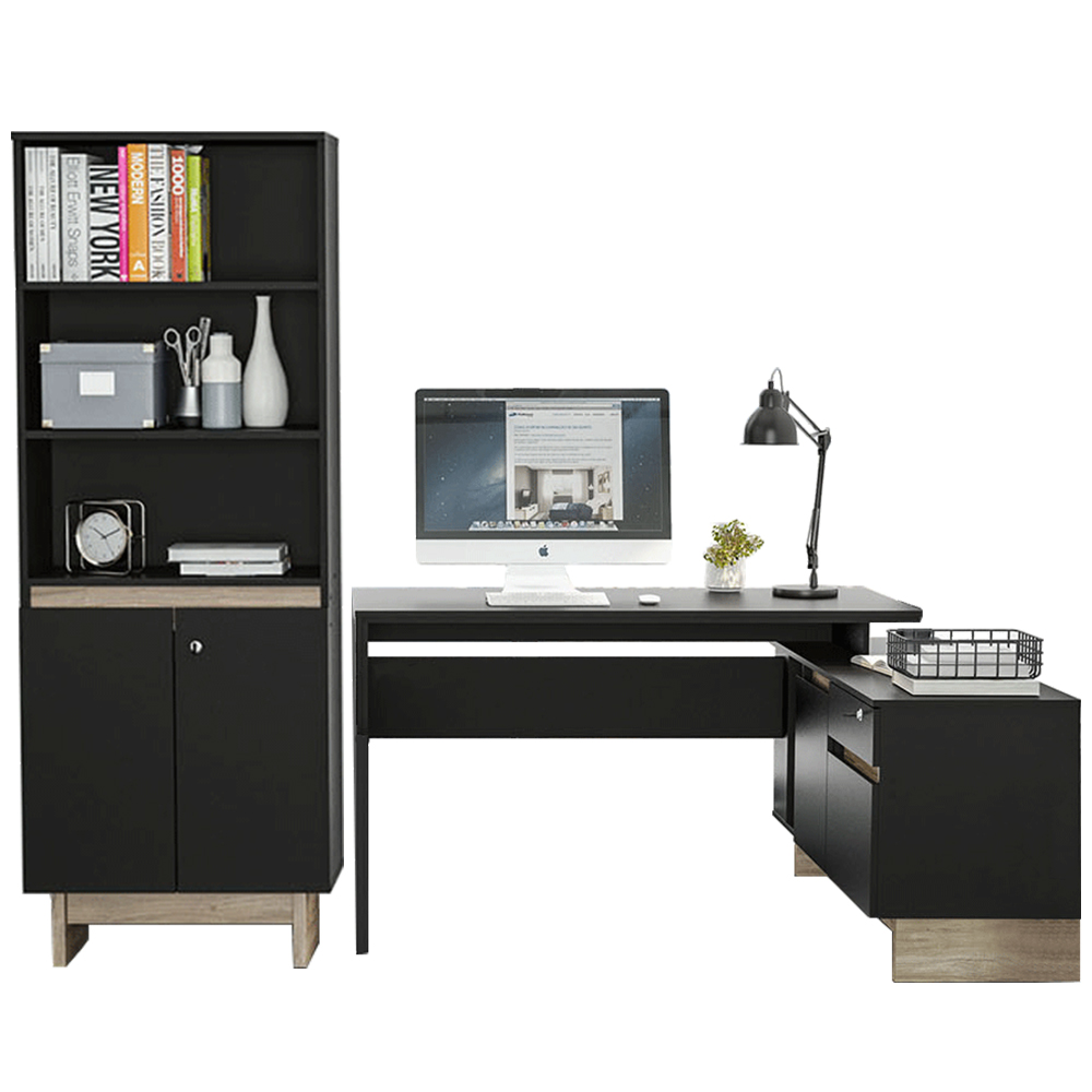 Kit Mesa em L Para Escritório Com Estante 3 Prateleiras Los Angeles P01 Preto Carvalho - Lyam Decor