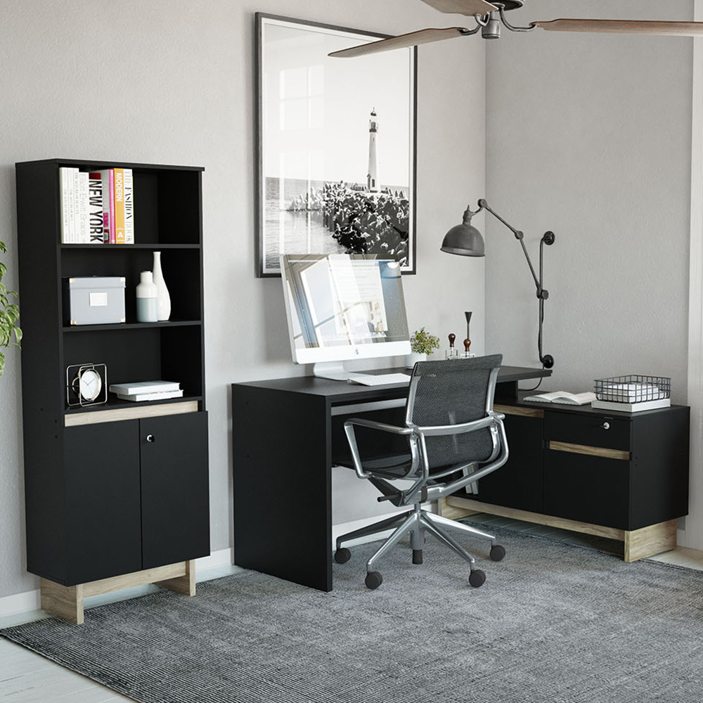 Kit Mesa em L Para Escritório Com Estante 3 Prateleiras Los Angeles P01 Preto Carvalho - Lyam Decor