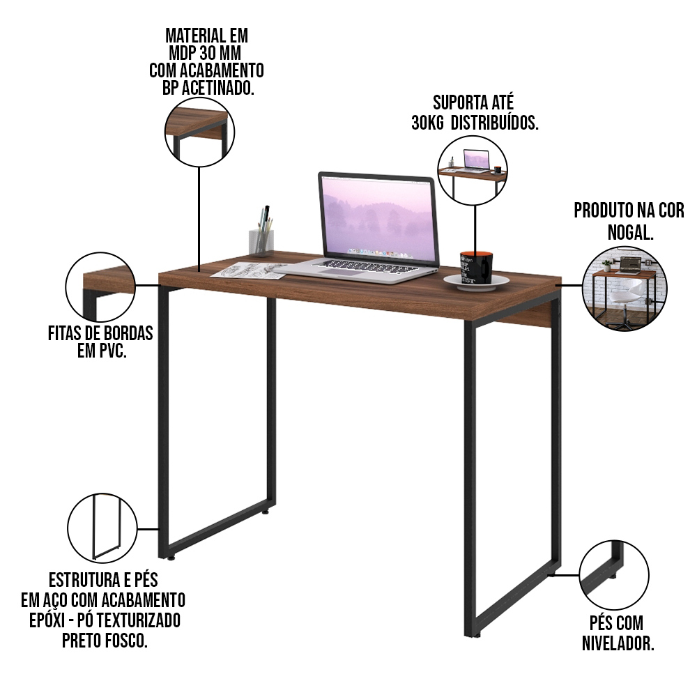 Kit Para Escritório Estante Areta 3 Prateleiras Mesa Industrial Aspen 90cm C01 Nogal - Lyam Decor