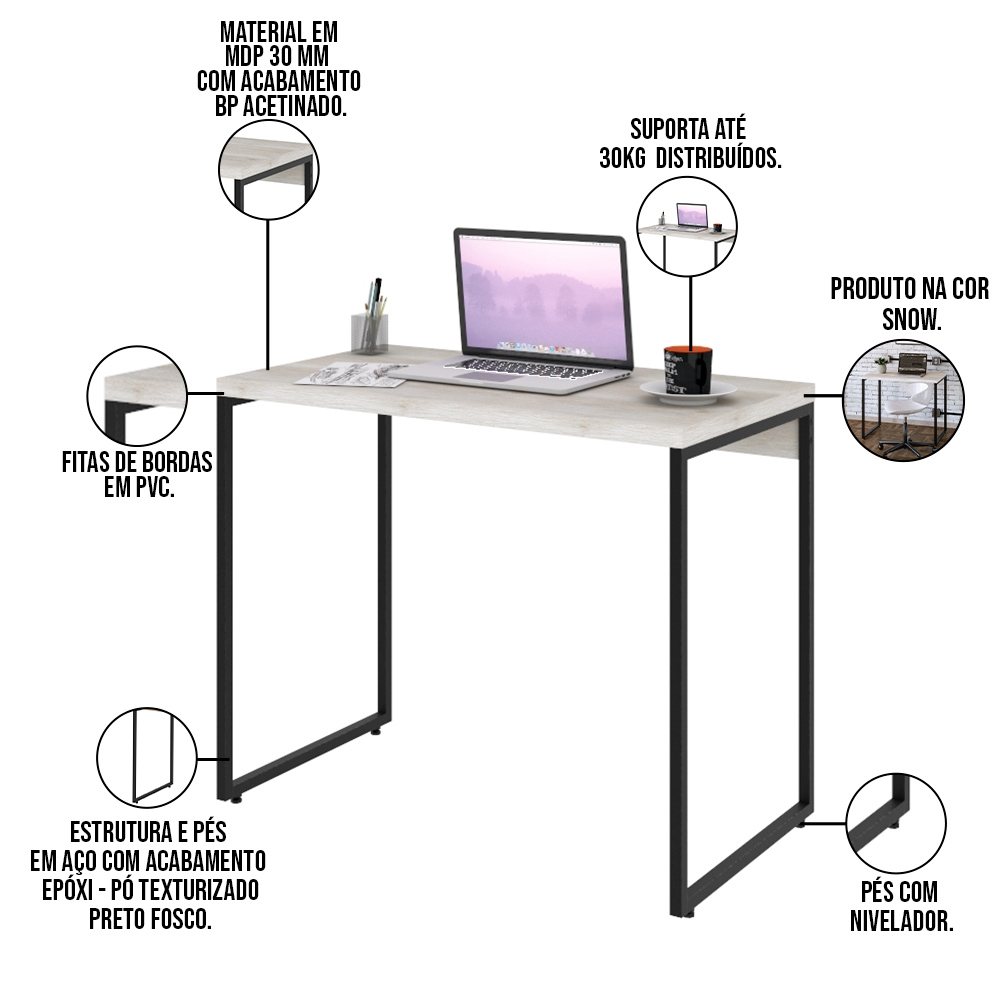 Kit Para Escritório Estante Areta 3 Prateleiras Mesa Industrial Aspen 90cm C01 Snow - Lyam Decor