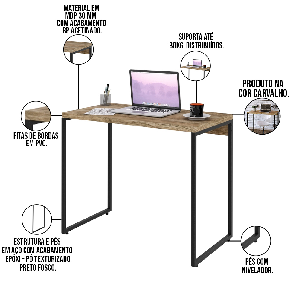 Kit Para Escritório Estante Areta 4 Prateleiras Mesa Industrial Aspen 90cm C01 Carvalho - Lyam Decor