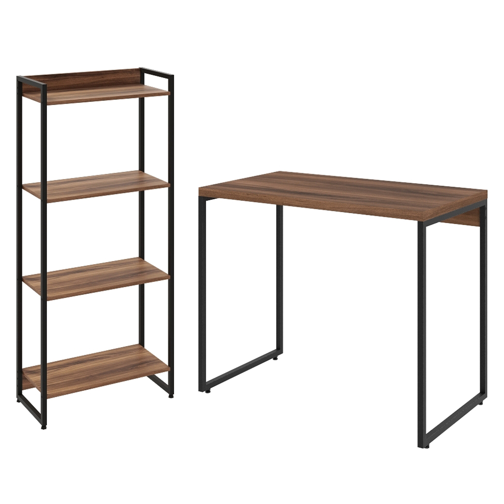 Kit Para Escritório Estante Areta 4 Prateleiras Mesa Industrial Aspen 90cm C01 Nogal - Lyam Decor