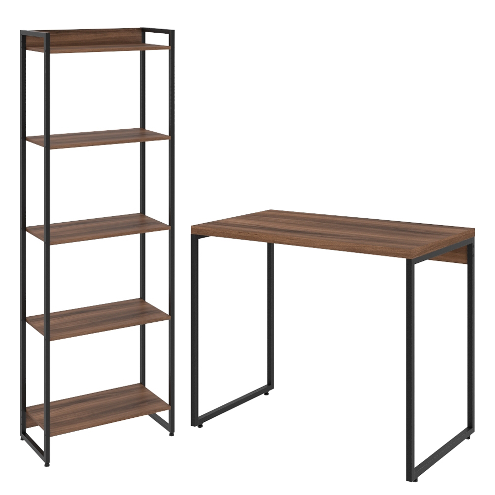 Kit Para Escritório Estante Areta 5 Prateleiras Mesa Industrial Aspen 90cm C01 Nogal - Lyam Decor