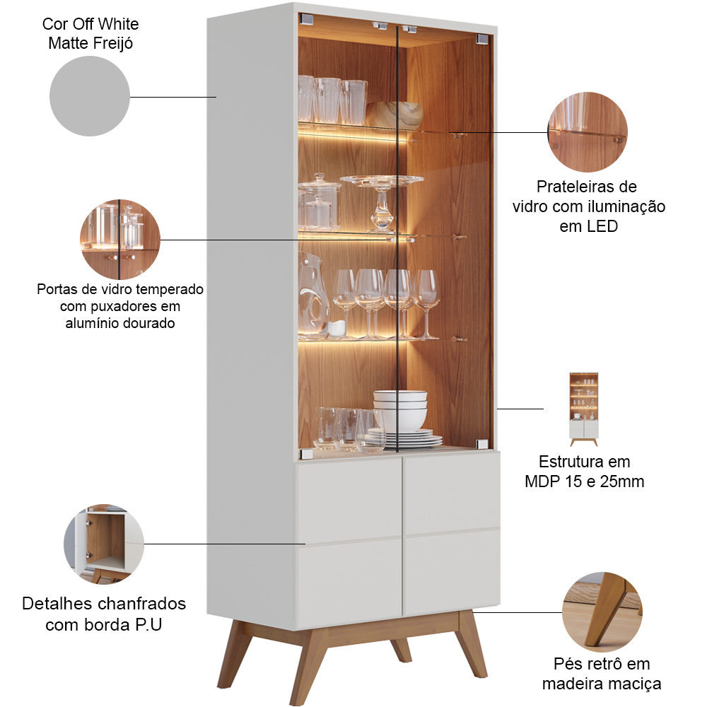 Kit Para Sala De Jantar Buffet Íris Com Cristaleira Martin C04 Off White Matte Freijó - Lyam