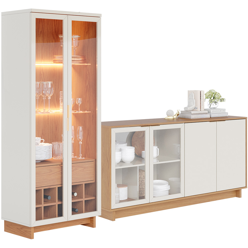 Kit Para Sala de Jantar Buffet Áustria C04 com Cristaleira Malibu Freijó Off White - Lyam Decor