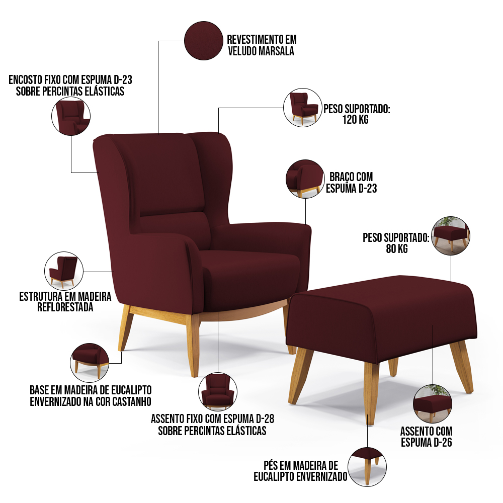 Kit Poltrona Decorativa Milena D02 com Puff Viseo Veludo Marsala C-278 - Lyam Decor