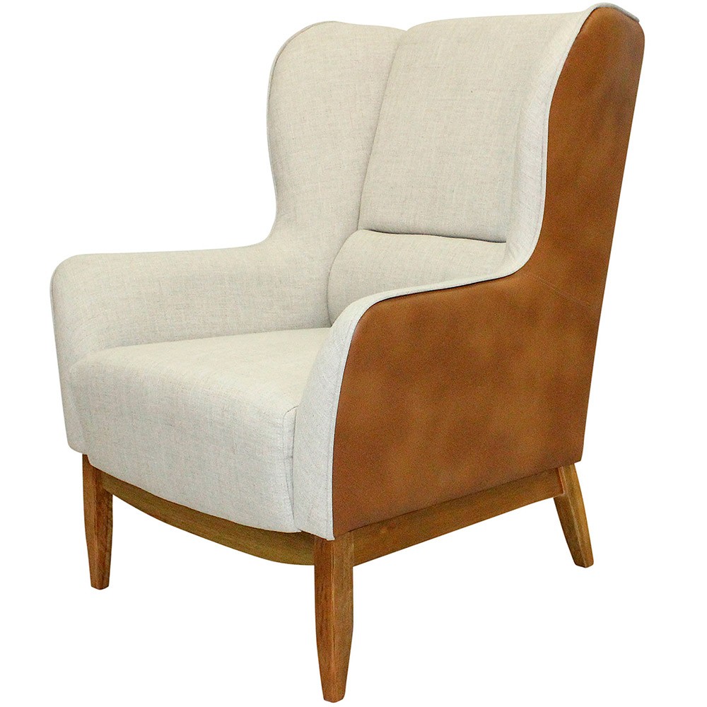 Kit Poltrona Decorativa Milena com Puff Viseo D02 Linho Bege A-184 Corano Marrom  - Lyam Decor