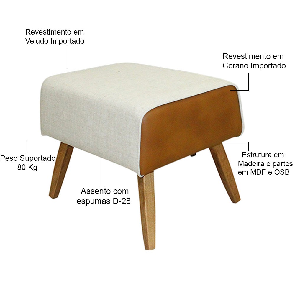 Kit Poltrona Decorativa Milena com Puff Viseo D02 Linho Bege A-184 Corano Marrom  - Lyam Decor