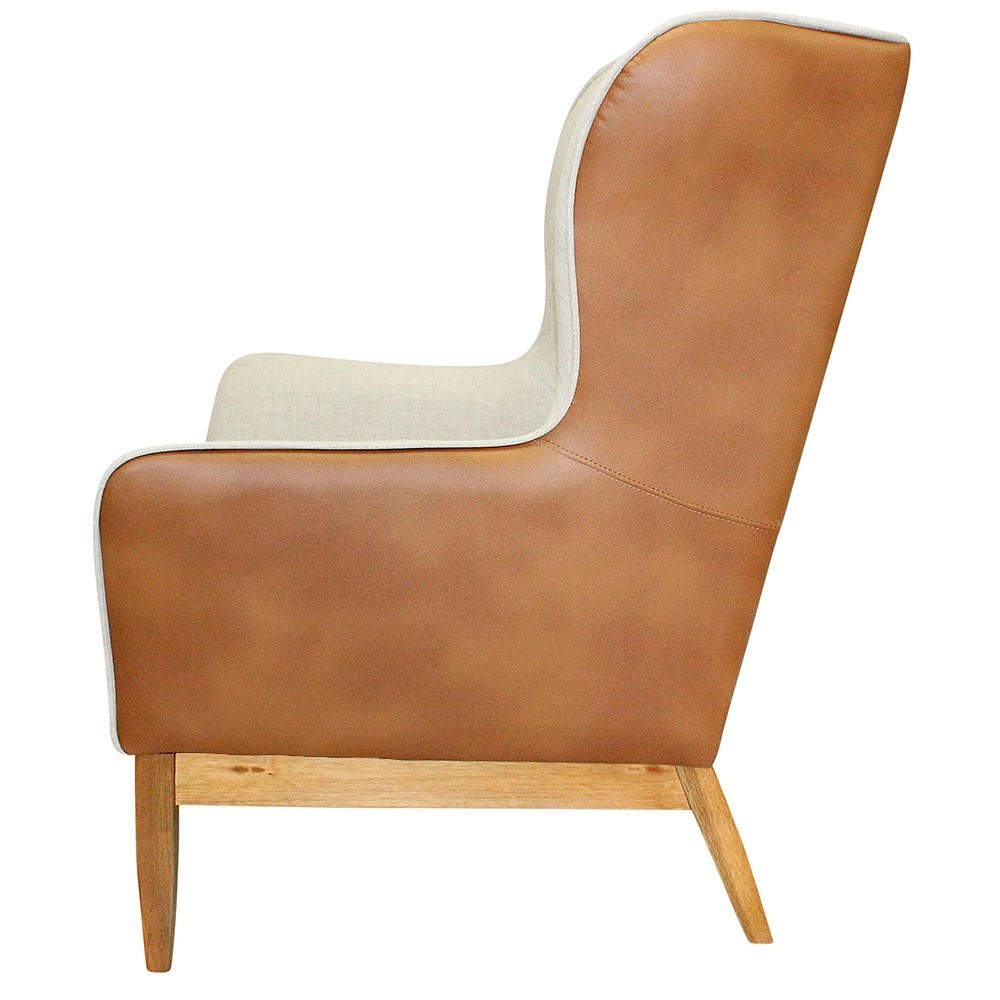 Kit Poltrona Decorativa Milena com Puff Viseo D02 Linho Bege A-184 Corano Marrom  - Lyam Decor