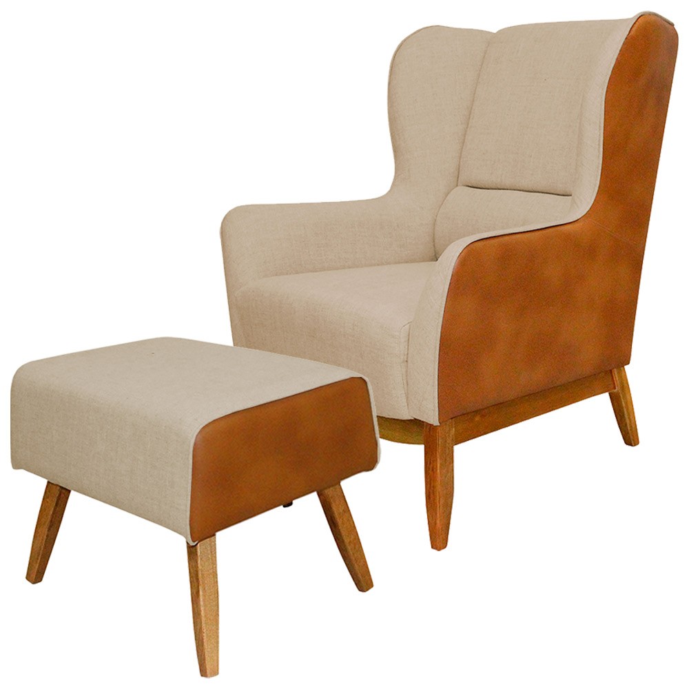 Kit Poltrona Decorativa Milena com Puff Viseo D02 Linho Bege C-129 Corano Marrom  - Lyam Decor