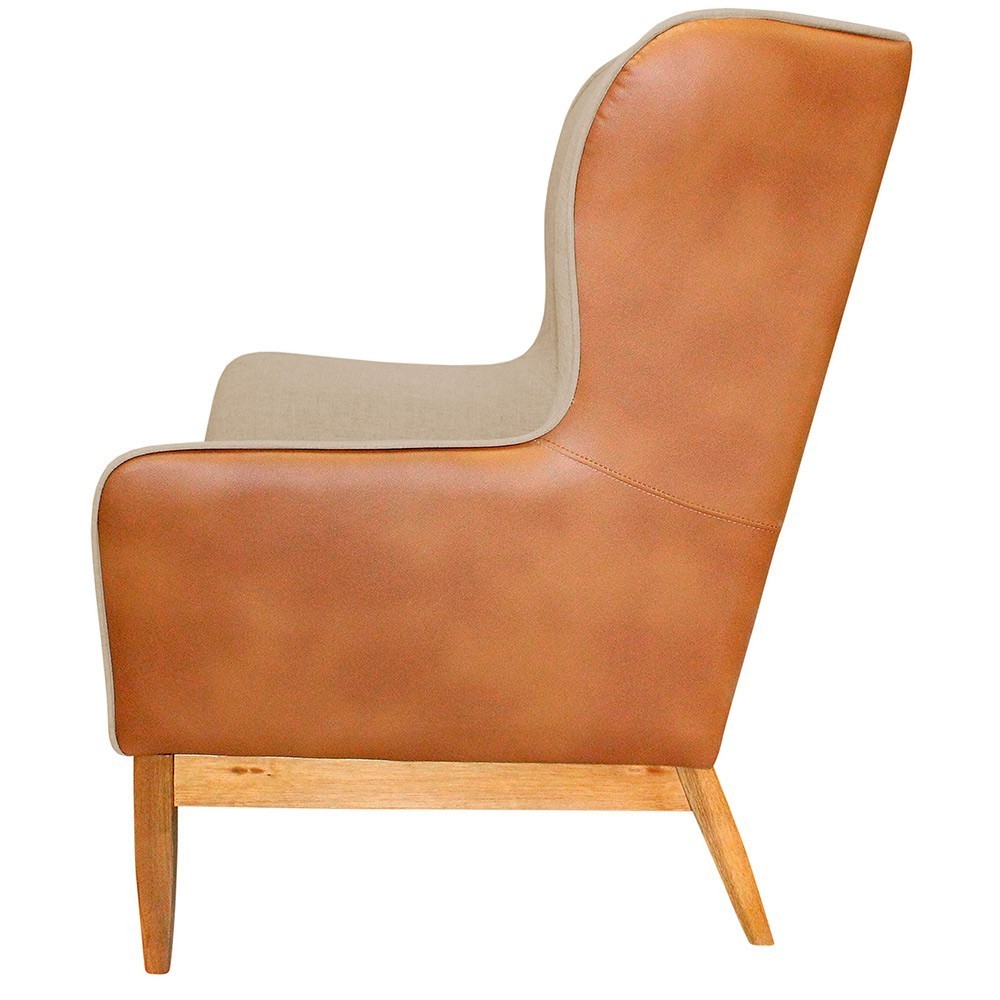 Kit Poltrona Decorativa Milena com Puff Viseo D02 Linho Bege C-129 Corano Marrom  - Lyam Decor