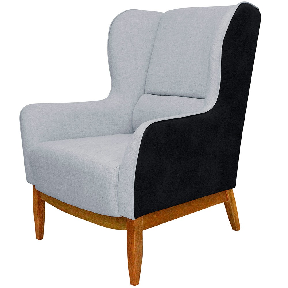 Kit Poltrona Decorativa Milena com Puff Viseo D02 Linho Cinza D-315 Corano Preto  - Lyam Decor