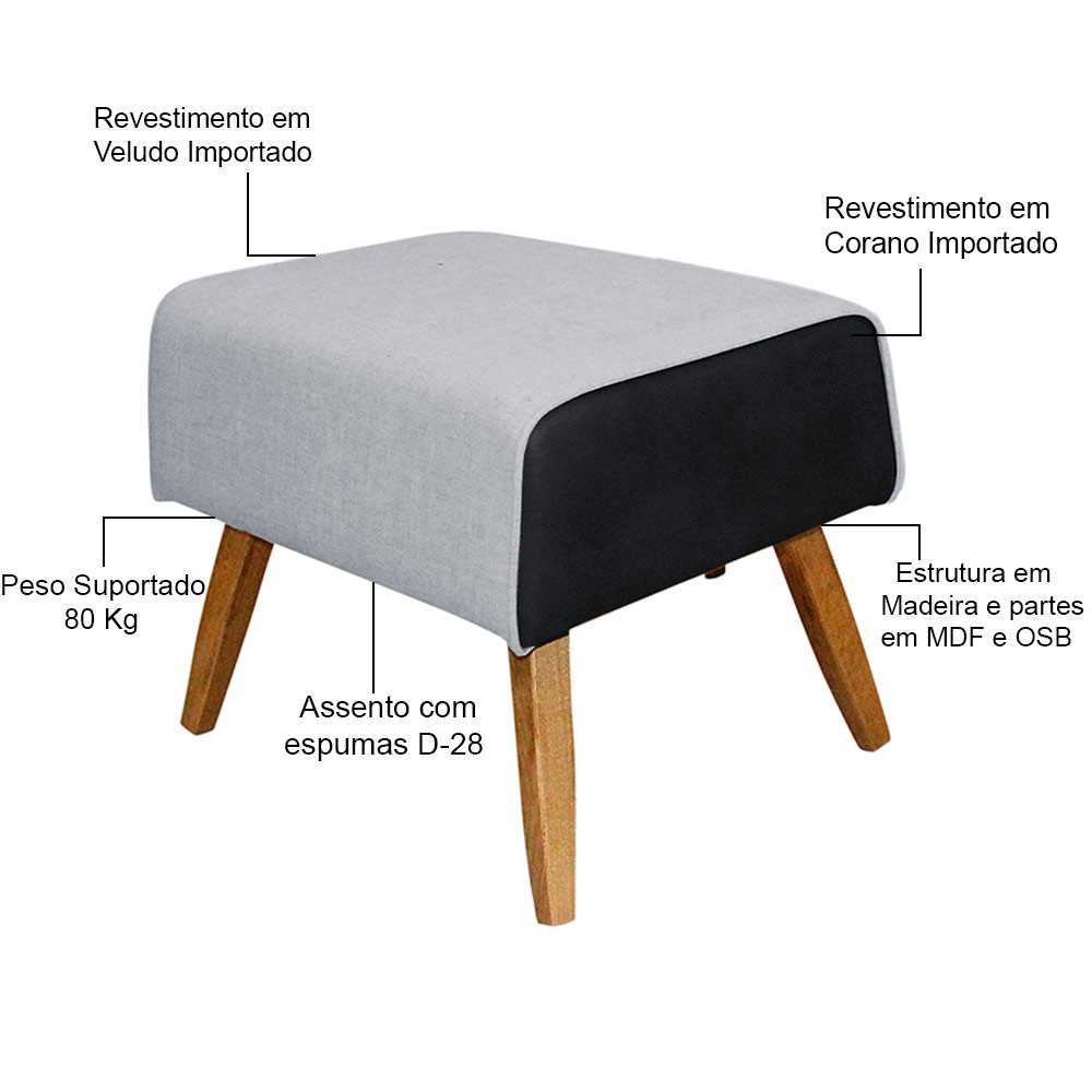 Kit Poltrona Decorativa Milena com Puff Viseo D02 Linho Cinza D-315 Corano Preto  - Lyam Decor