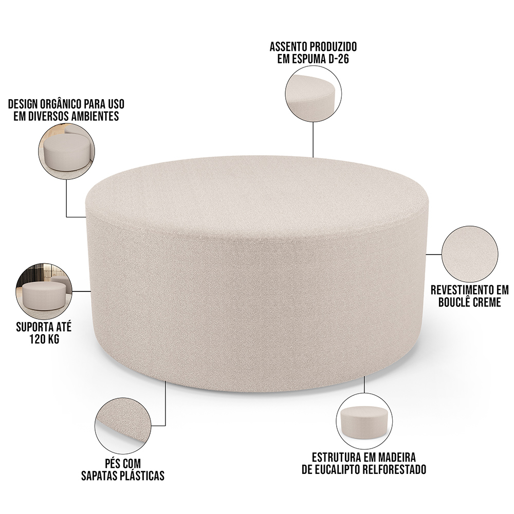 Kit Puff Redondo Lola e Puff Recamier Orgânico Orbit W01 Bouclê Creme - Lyam Decor