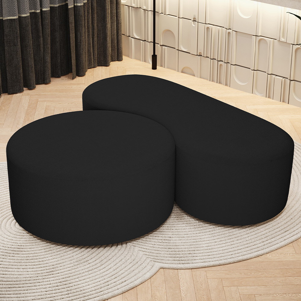 Kit Puff Redondo Lola e Puff Recamier Orgânico Orbit W01 Bouclê Preto - Lyam Decor