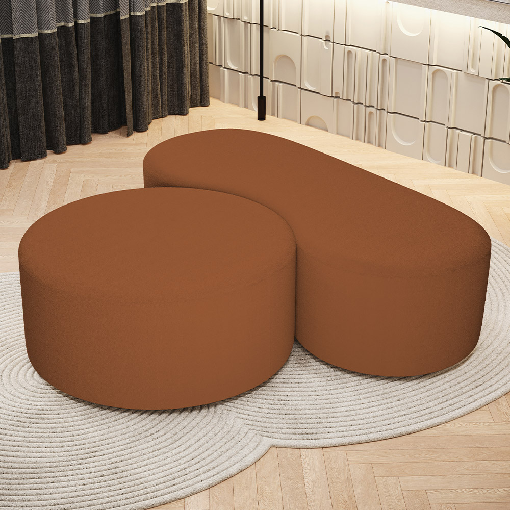 Kit Puff Redondo Lola e Puff Recamier Orgânico Orbit W01 Bouclê Terracota - Lyam Decor
