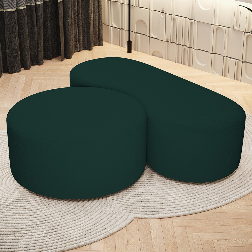 Kit Puff Redondo Lola e Puff Recamier Orgânico Orbit W01 Bouclê Verde - Lyam Decor