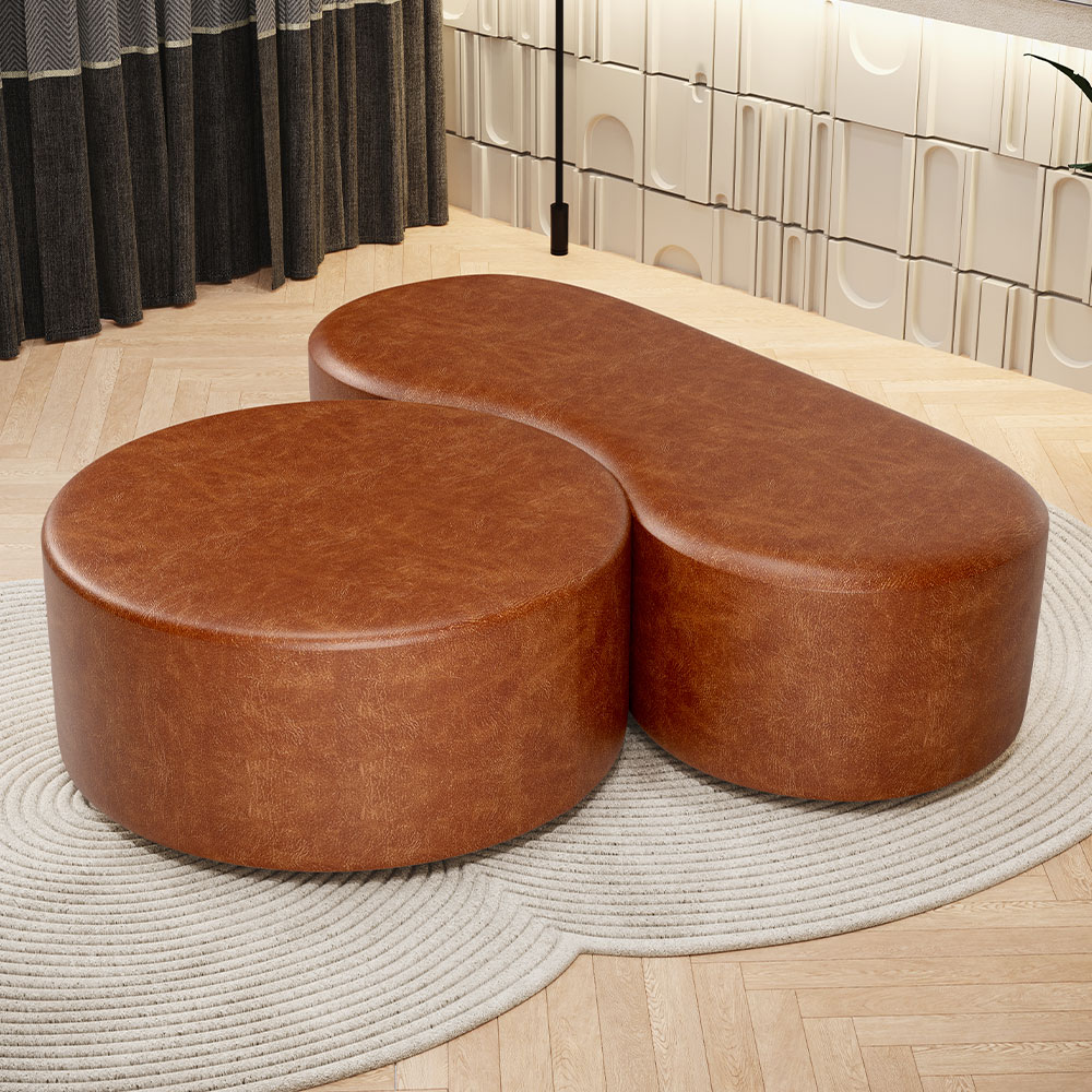 Kit Puff Redondo Lola e Puff Recamier Orgânico Orbit W01 Couríssimo Camel - Lyam Decor