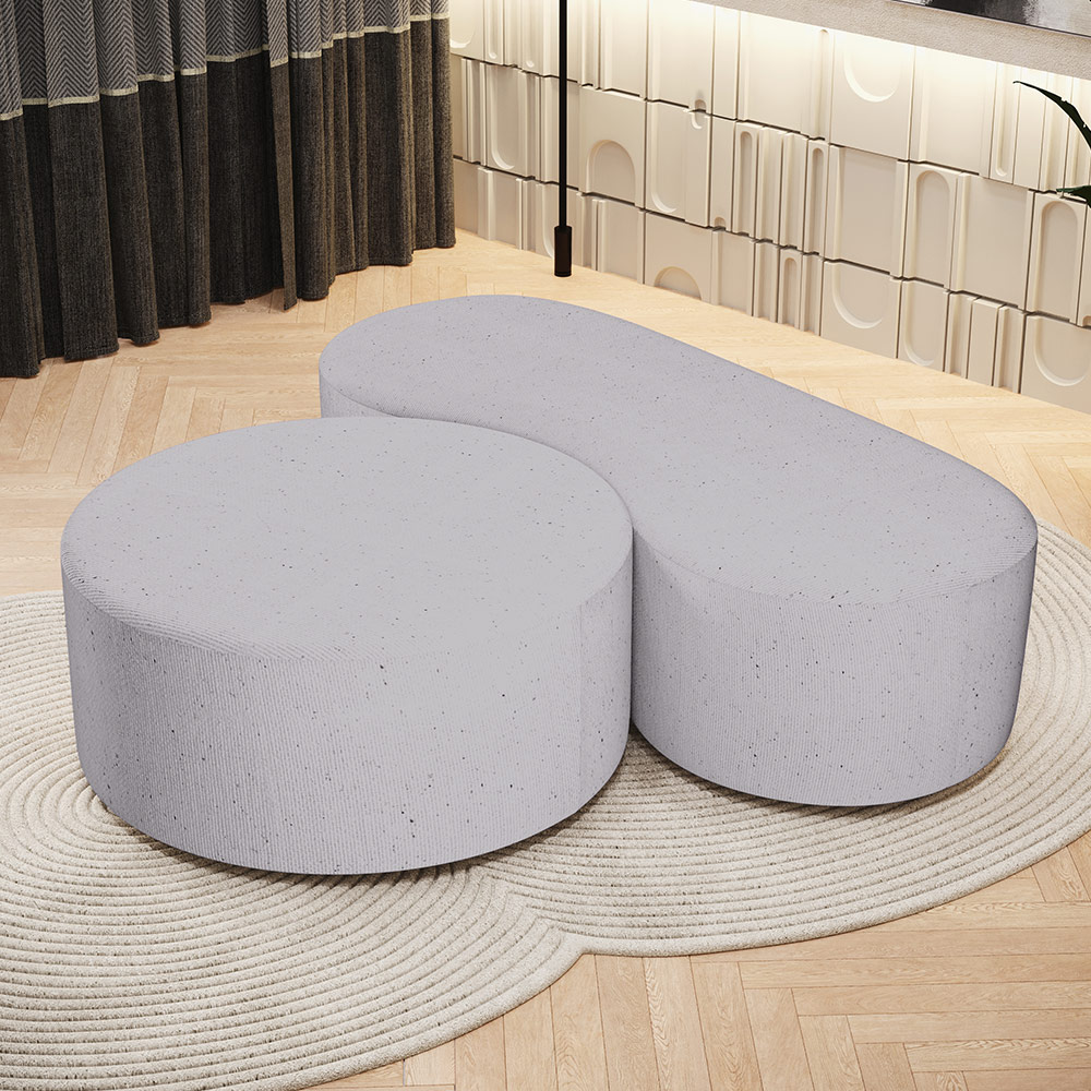 Kit Puff Redondo Lola e Puff Recamier Orgânico Orbit W01 Linho Cinza - Lyam Decor