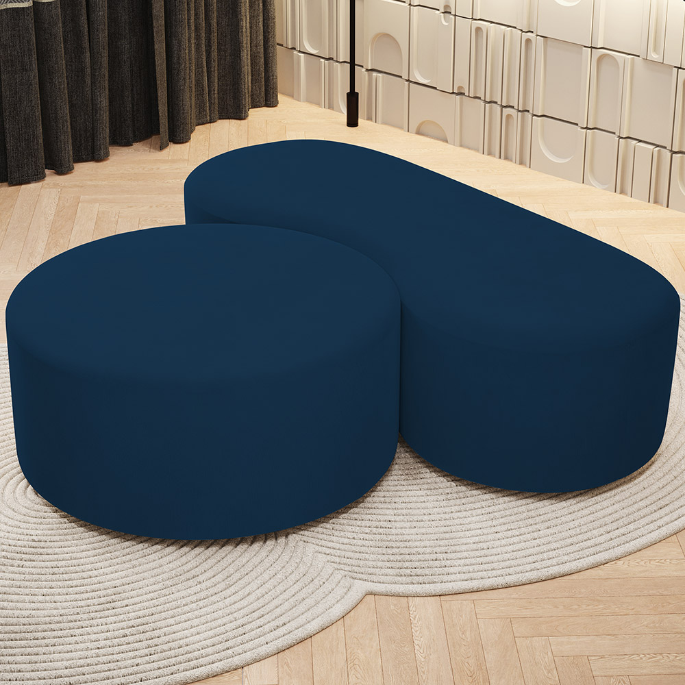 Kit Puff Redondo Lola e Puff Recamier Orgânico Orbit W01 Suede Azul Marinho - Lyam Decor