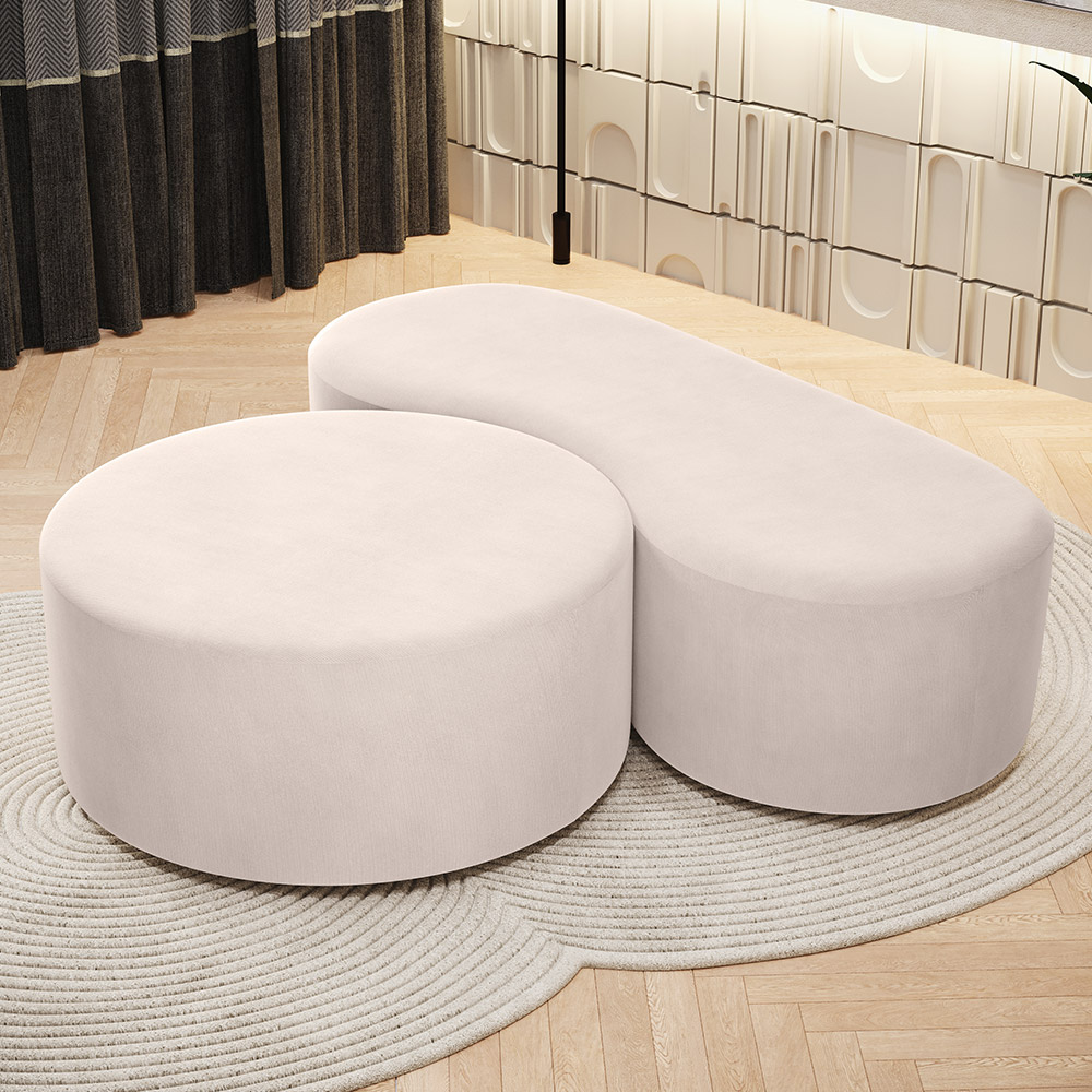 Kit Puff Redondo Lola e Puff Recamier Orgânico Orbit W01 Suede Bege - Lyam Decor