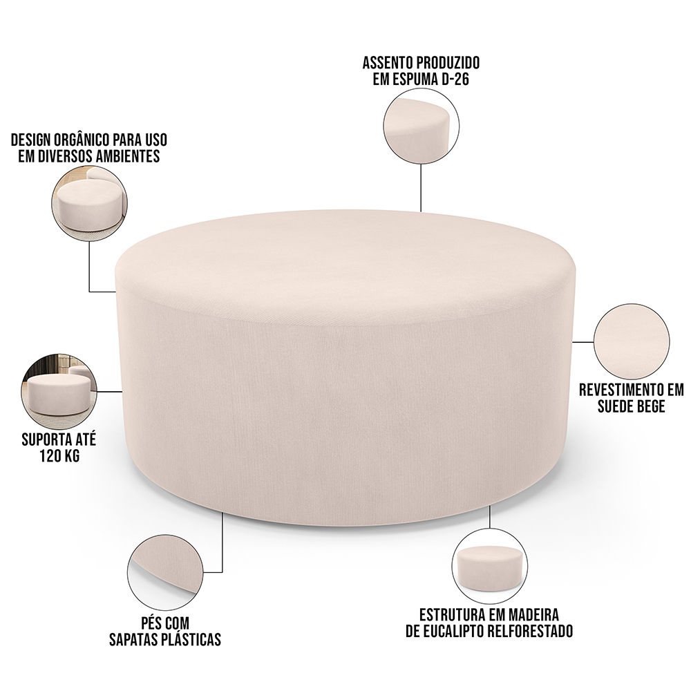 Kit Puff Redondo Lola e Puff Recamier Orgânico Orbit W01 Suede Bege - Lyam Decor