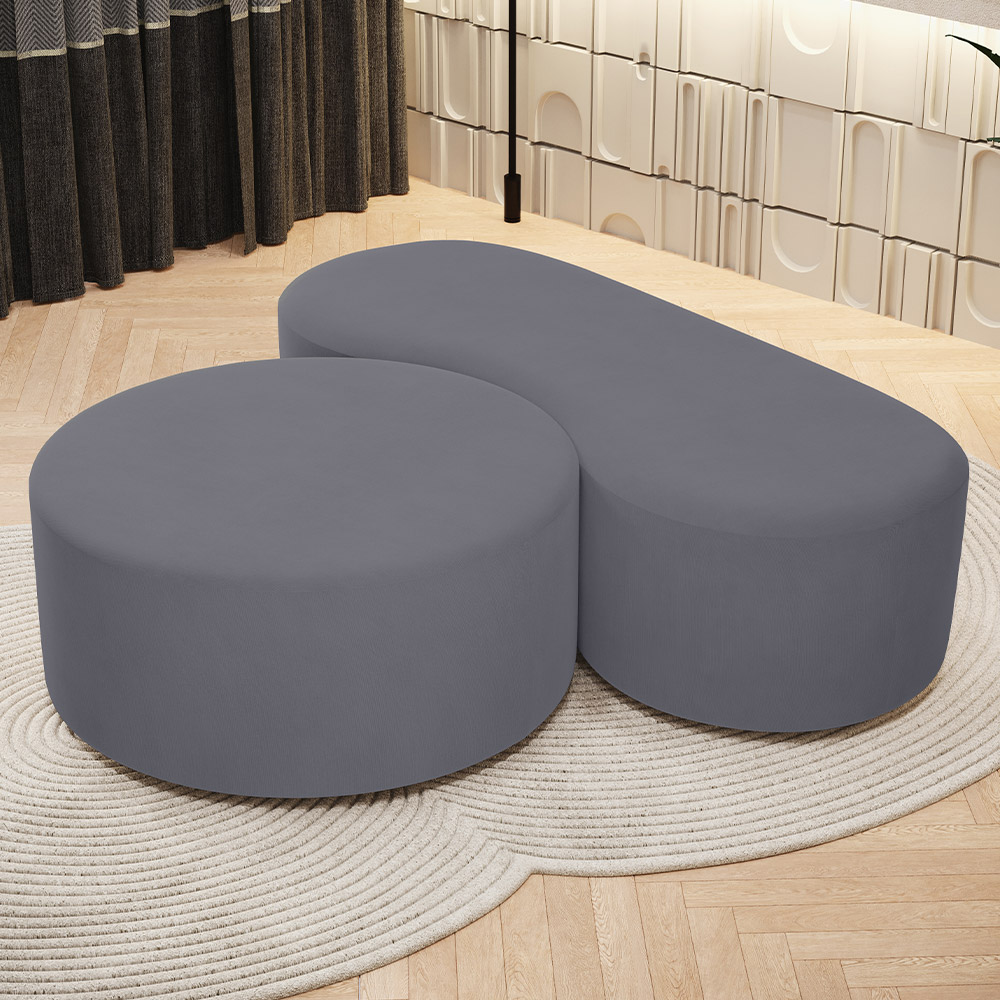 Kit Puff Redondo Lola e Puff Recamier Orgânico Orbit W01 Suede Cinza - Lyam Decor