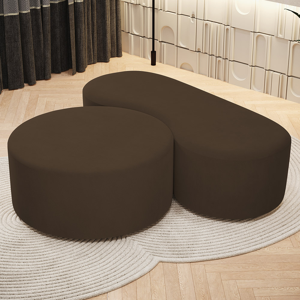 Kit Puff Redondo Lola e Puff Recamier Orgânico Orbit W01 Suede Marrom - Lyam Decor