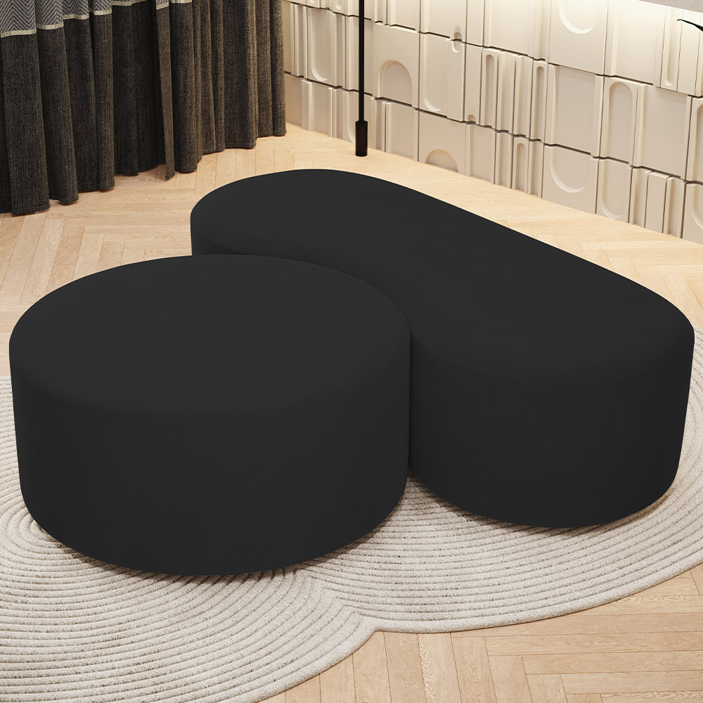 Kit Puff Redondo Lola e Puff Recamier Orgânico Orbit W01 Suede Preto - Lyam Decor