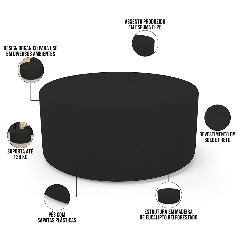 Kit Puff Redondo Lola e Puff Recamier Orgânico Orbit W01 Suede Preto - Lyam Decor