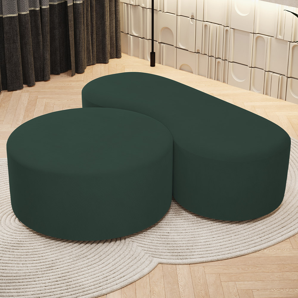 Kit Puff Redondo Lola e Puff Recamier Orgânico Orbit W01 Suede Verde Musgo - Lyam Decor