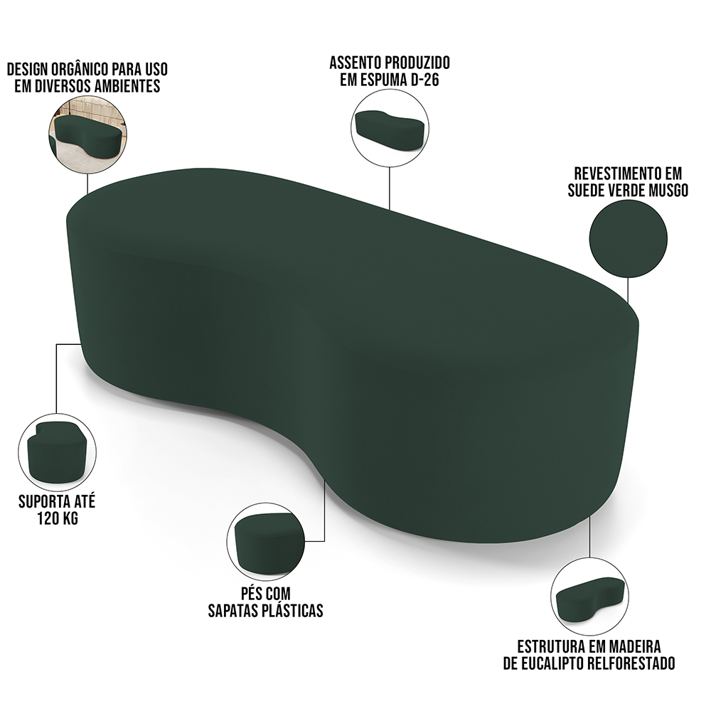 Kit Puff Redondo Lola e Puff Recamier Orgânico Orbit W01 Suede Verde Musgo - Lyam Decor