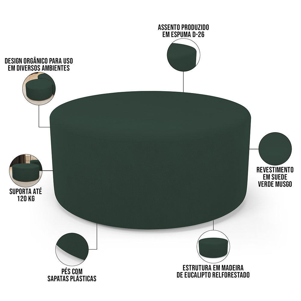 Kit Puff Redondo Lola e Puff Recamier Orgânico Orbit W01 Suede Verde Musgo - Lyam Decor