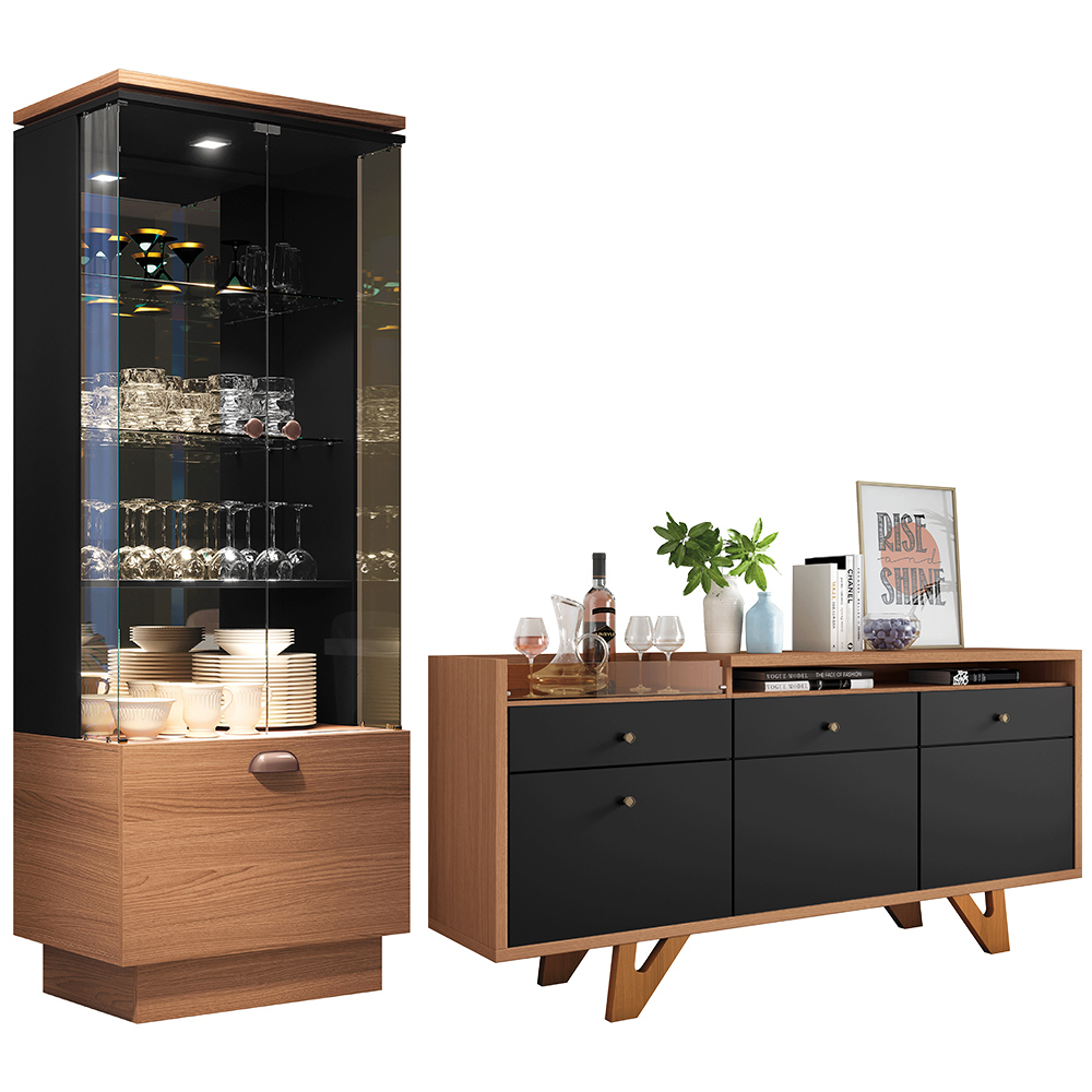 Kit Sala De Jantar Aparador Valentim B01 com Cristaleira Dominic Preto Nature - Lyam Decor