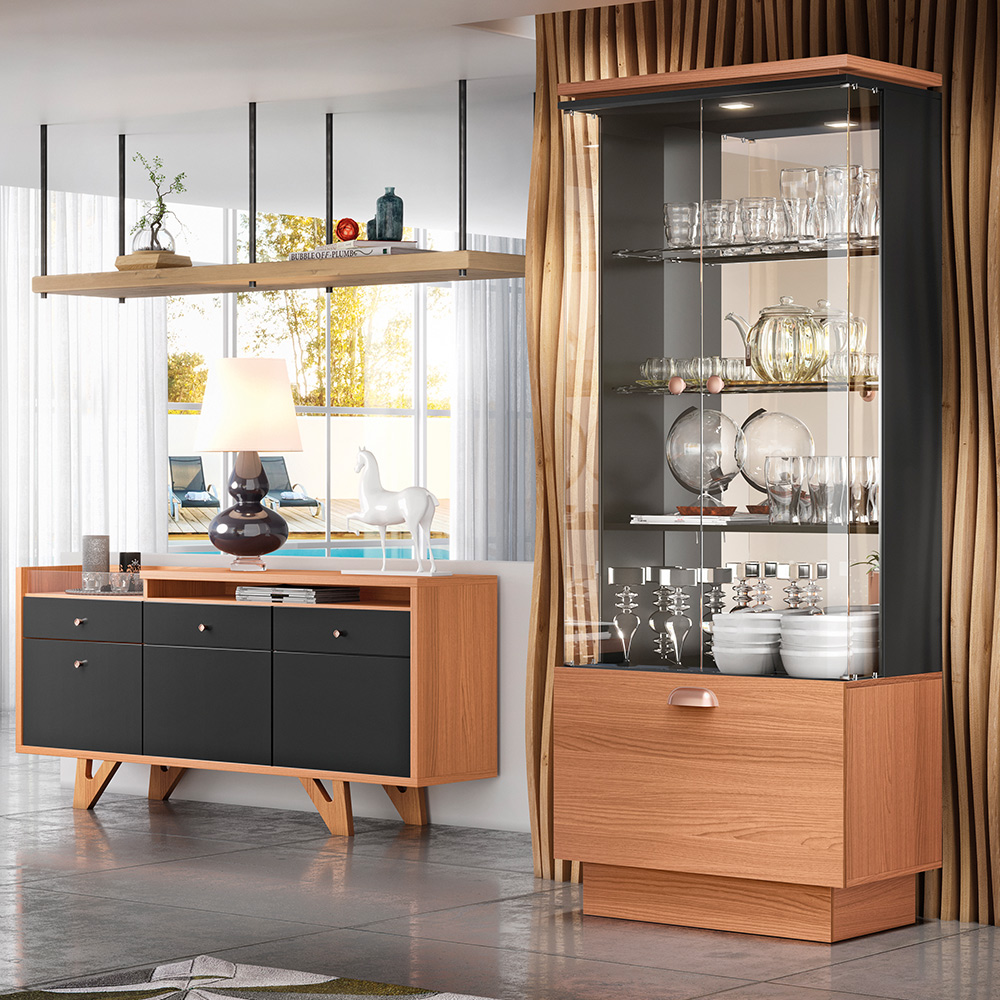 Kit Sala De Jantar Aparador Valentim B01 com Cristaleira Dominic Preto Nature - Lyam Decor