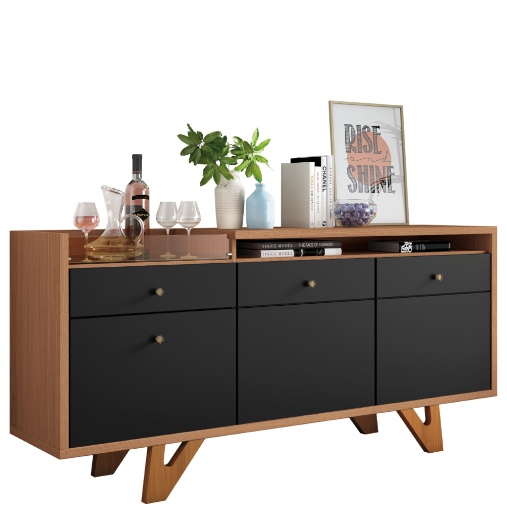 Kit Sala De Jantar Aparador Valentim B01 com Cristaleira Dominic Preto Nature - Lyam Decor