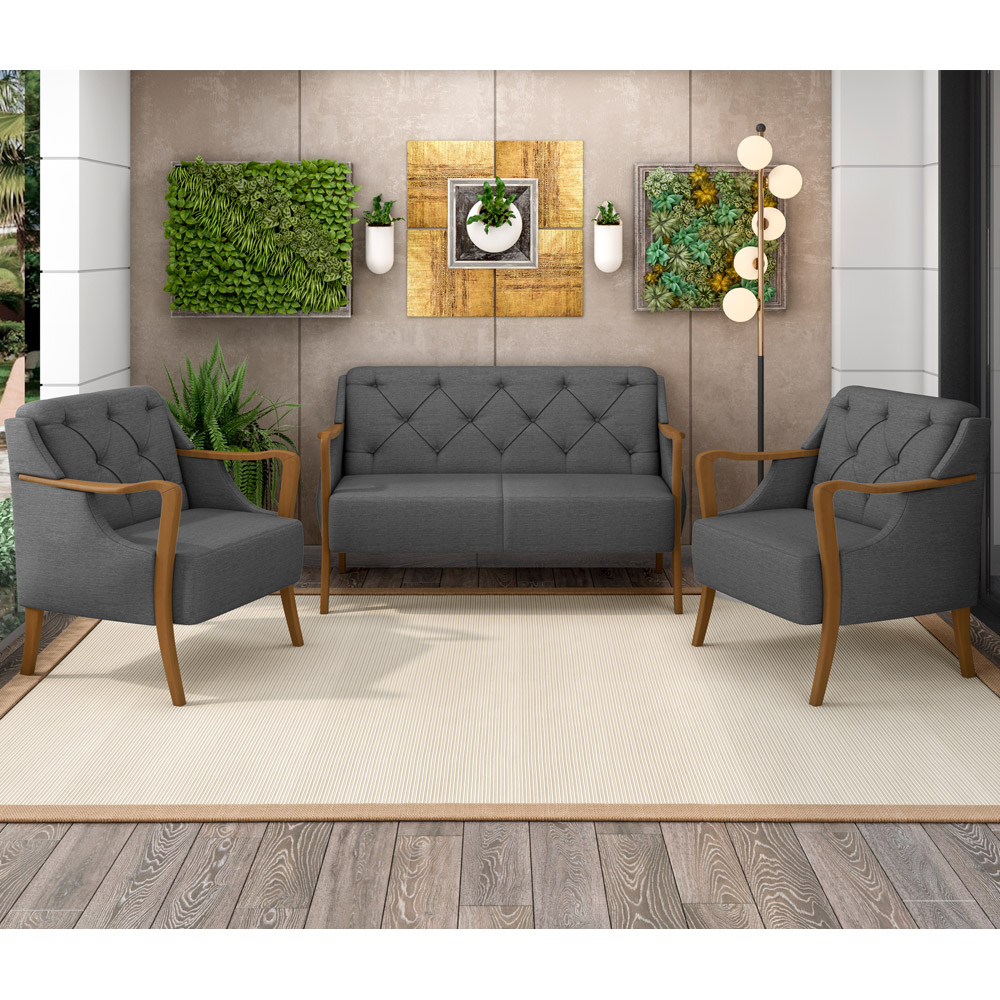 Kit Sofá 02 Lugares Sala Estar 135cm Com 02 Poltronas Coral Pés Madeira M03 Linho Chumbo - Lyam Decor