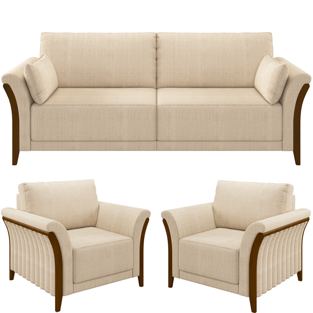 Kit Sofá 02 Lugares Sala Estar 162cm Com 02 Poltronas Stefan Pés Madeira M03 Linho Bege - Lyam Decor