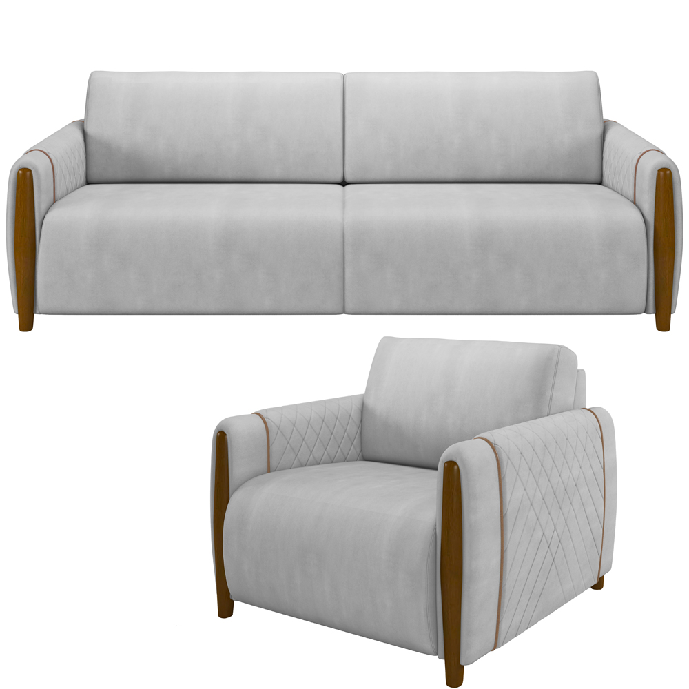 Kit Sofá 02 Lugares Sala Estar 168cm Com Poltrona Flora Pés De Madeira M03 Veludo Cinza - Lyam Decor