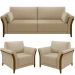 Kit Sofá 03 Lugares 222cm Com 02 Poltronas Stefan Pés Madeira M03 Linho Bege Escuro - Lyam Decor