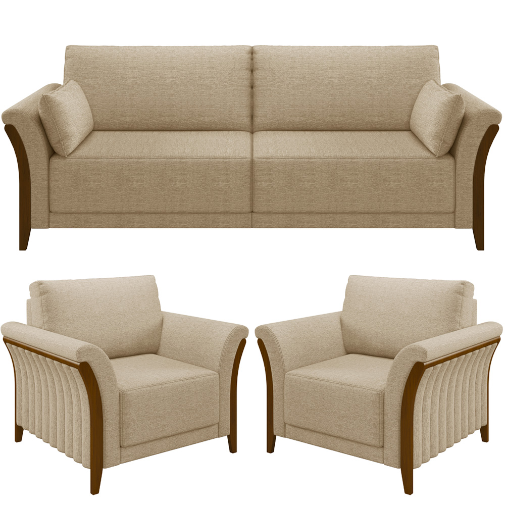 Kit Sofá 03 Lugares 222cm Com 02 Poltronas Stefan Pés Madeira M03 Linho Bege Escuro - Lyam Decor